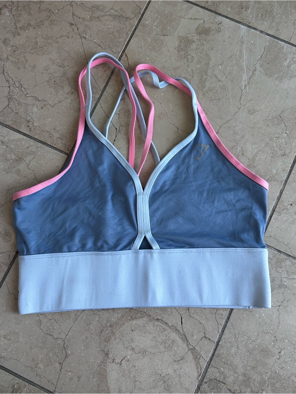 Gymshark Blue Sports Bra with Pink Trim and White Band